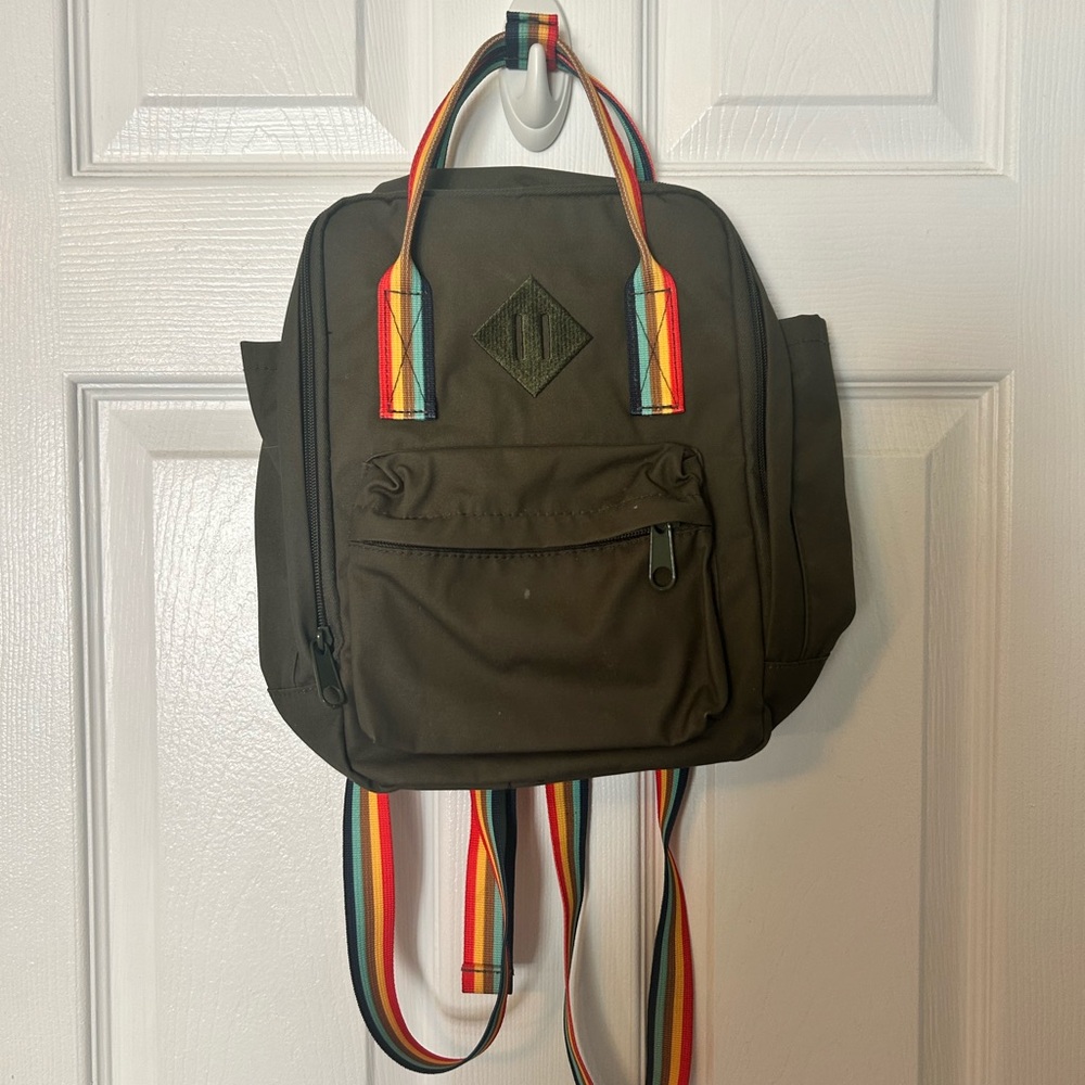 Olive Green backpack with rainbow Straps